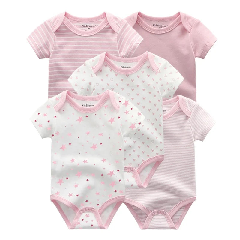 Kiddiezoom Summer 5 Piece Fashion Cartoon Boys and Girls Bodysuits 100% Cotton