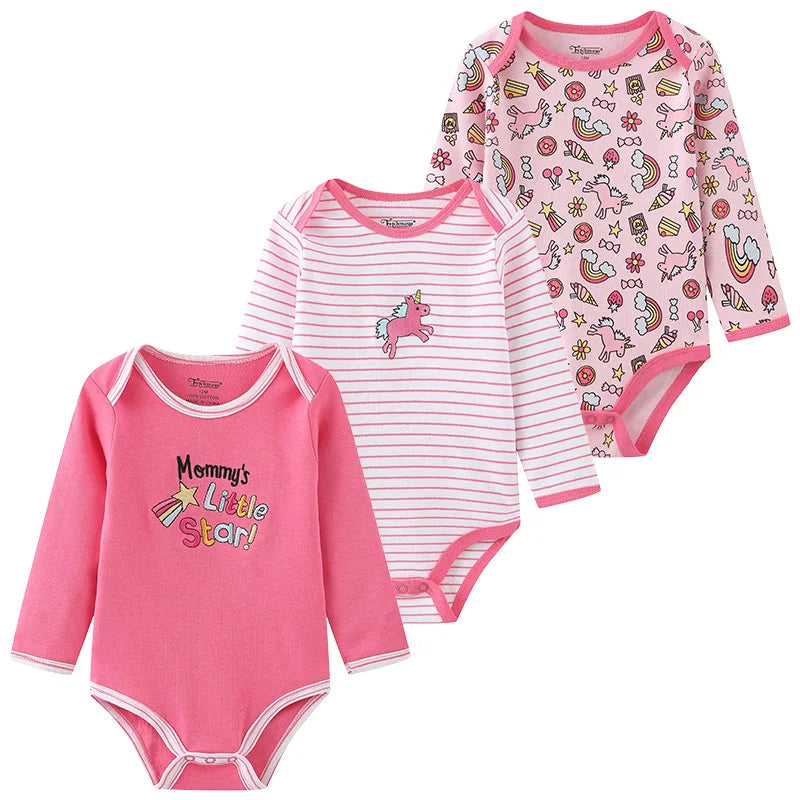 Kiddiezoom 3 Pcs Newborn  Long Sleeve 100%cotton Baby Boy Girl Bodysuit Soft Infant Onesies