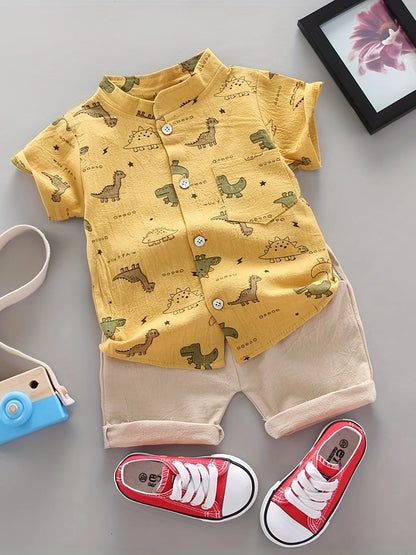 Infant and toddler summer full print dinosaur pattern short sleeved shorts set
