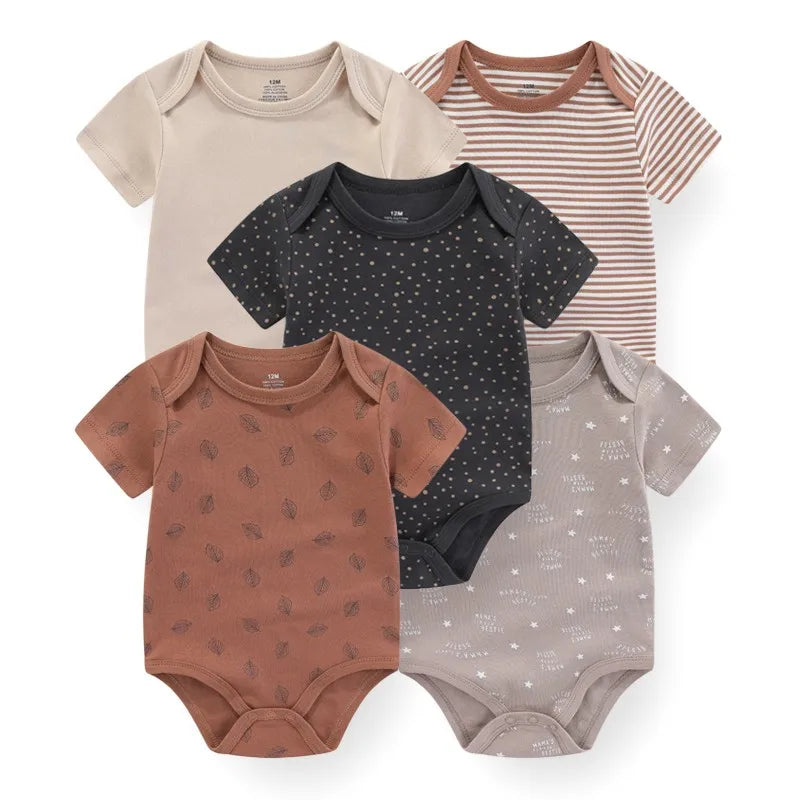 Kiddiezoom Summer 5 Piece Fashion Cartoon Boys and Girls Bodysuits 100% Cotton